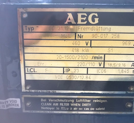 418 Kw AEG DC Motor. Type: GC31.12 Fremdluftung.