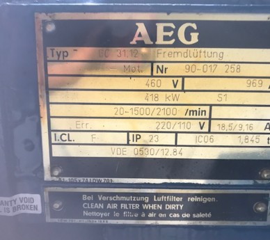 418 Kw AEG DC Motor. Type: GC31.12 Fremdluftung.
