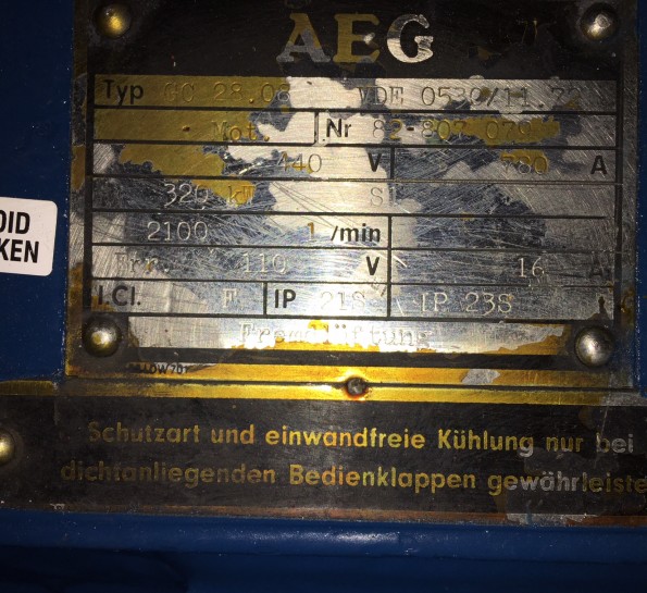 320 Kw AEG DC Motor. Type: GC28.08VDE 0530/11.72
